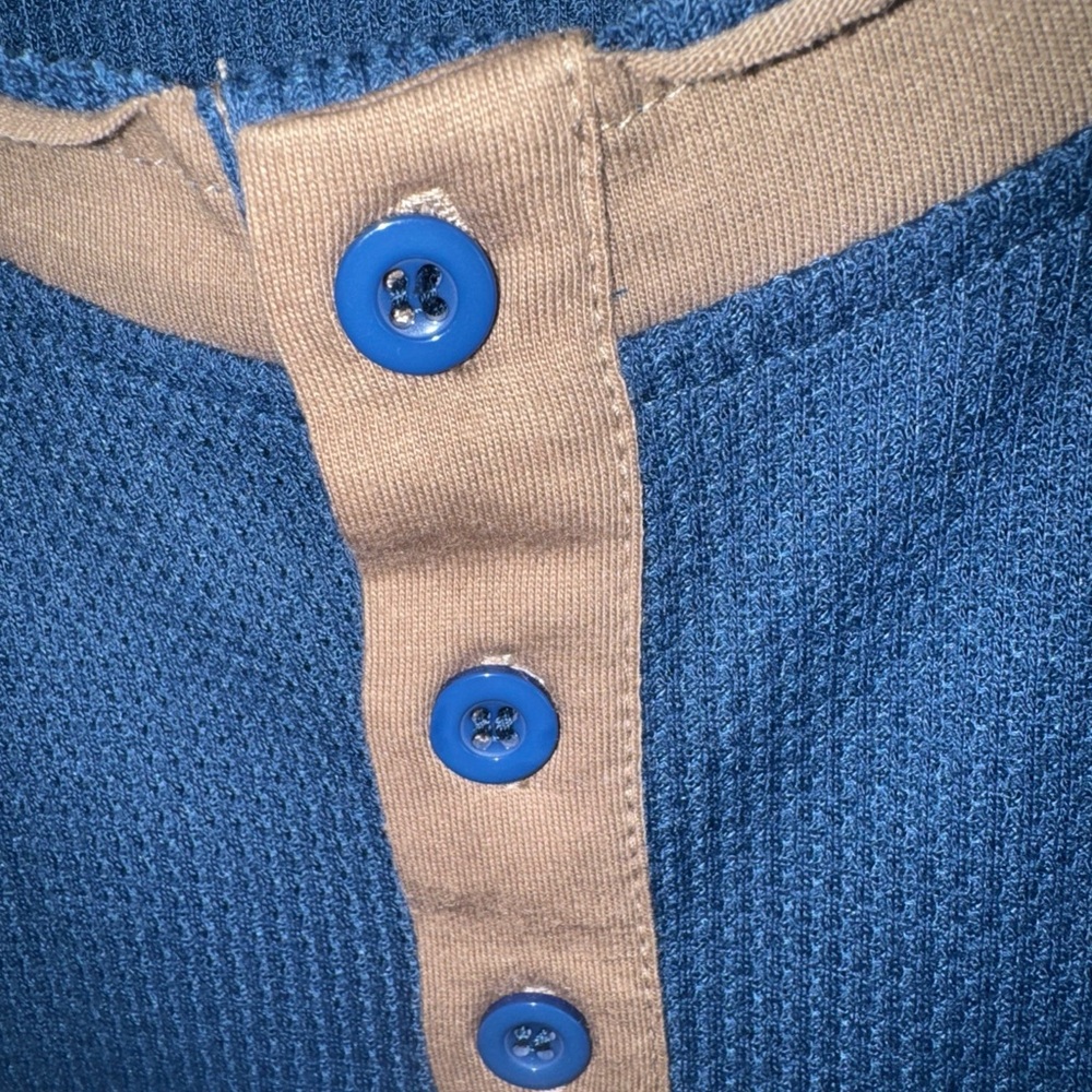Men's Blue and Tan Henley Shirt - Picture 4 of 7